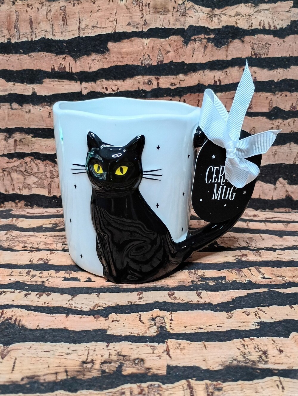 Ceramic Black Cat Halloween Mug - White and Black